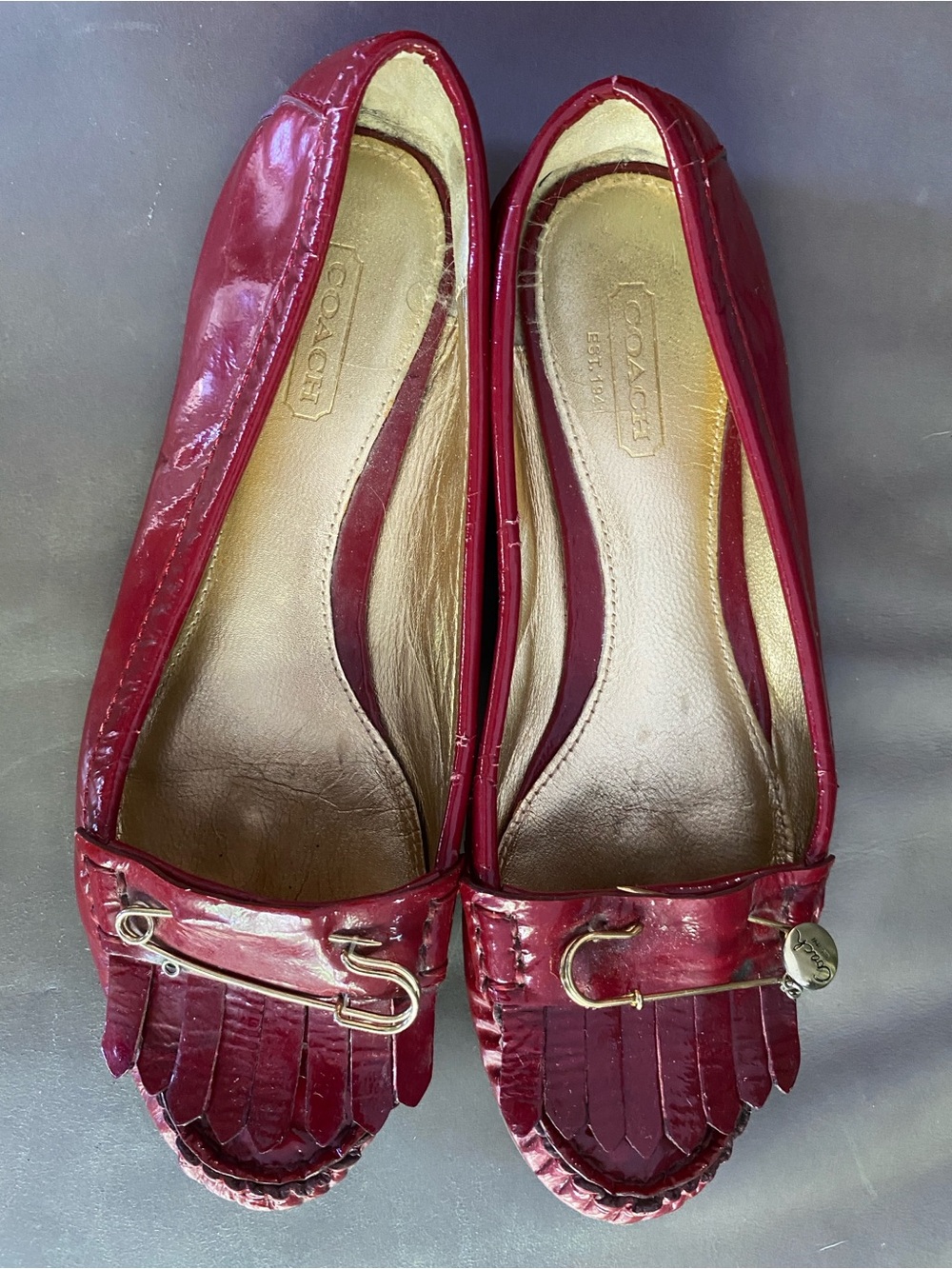 Vintage Coach Red Patent Leather Kiltie Loafers with Gold Hardware - Size 6
